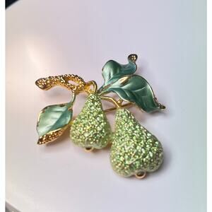 Vintage Sparkling Pear Brooch Pin - Green Pave Rhinestones & Enamel Leaves